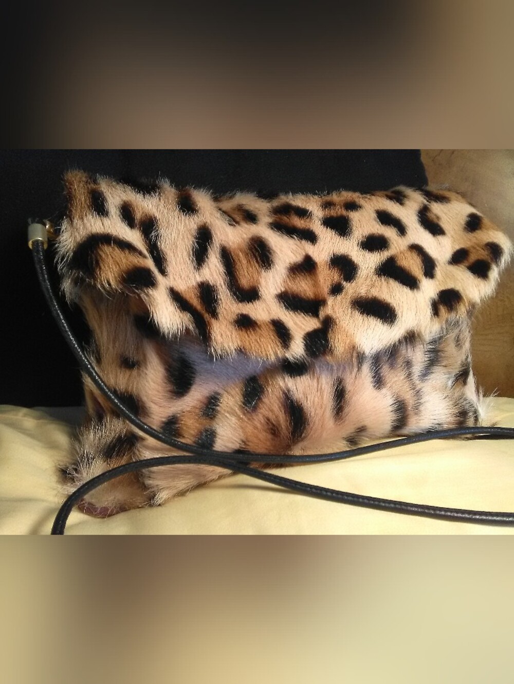 Vintage LUX.ELCOM FOX FUR Leopard Crossbody Bag HANDMADE PURPLE /BLACK